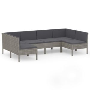 6-delige Loungeset met kussens poly rattan grijs