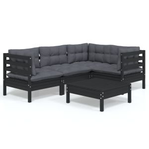 5-delige Loungeset met kussens grenenhout zwart