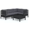 5-delige Loungeset met kussens grenenhout zwart