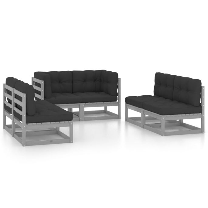 6-delige Loungeset met kussens massief grenenhout