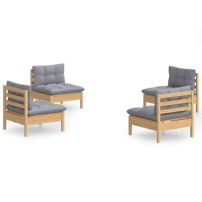 4-delige Loungeset met grijze kussens grenenhout