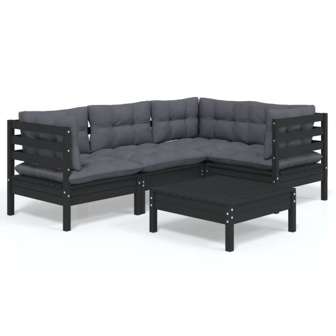 5-delige Loungeset met kussens grenenhout zwart