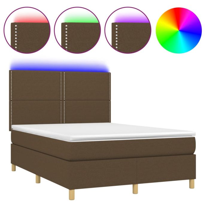 Boxspring met matras en LED stof donkerbruin 140x200 cm