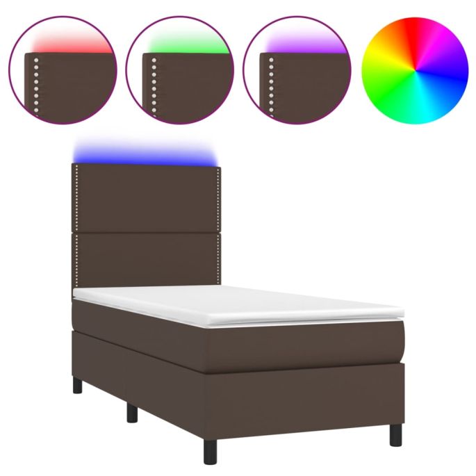 Boxspring met matras en LED kunstleer bruin 90x200 cm